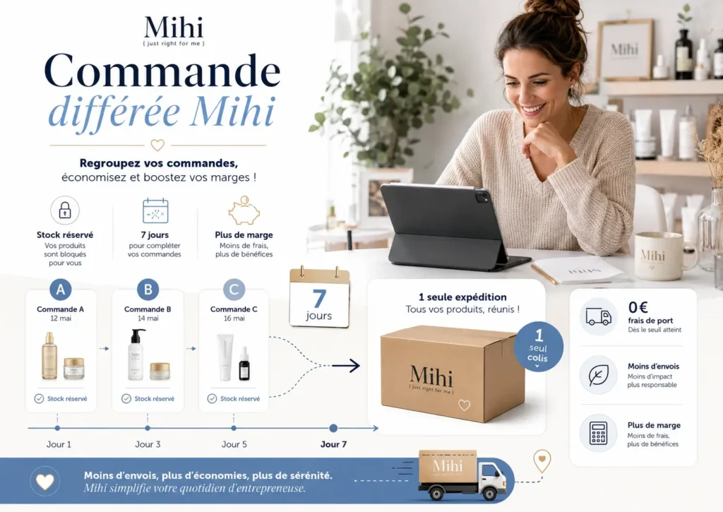 Commande différée mihi : Un colis élégant posé sur un comptoir épuré avec un smartphone affichant un suivi de livraison à 0€