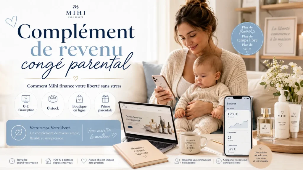 Complément de revenu congé parental : une jeune maman sereine travaille sur son ordinateur portable dans un salon lumineux, son bébé à ses côtés.