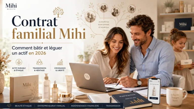 Contrat familial Mihi : couple développant une activité beauté à domicile avec transmission et héritage en 2026.