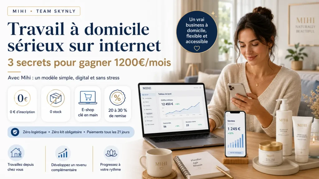Travail a domicile serieux sur internet : un espace de bureau moderne et lumineux à la maison avec un ordinateur portable affichant des graphiques financiers positifs.