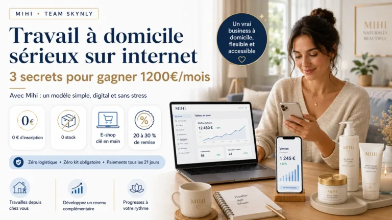 Travail a domicile serieux sur internet : un espace de bureau moderne et lumineux à la maison avec un ordinateur portable affichant des graphiques financiers positifs.