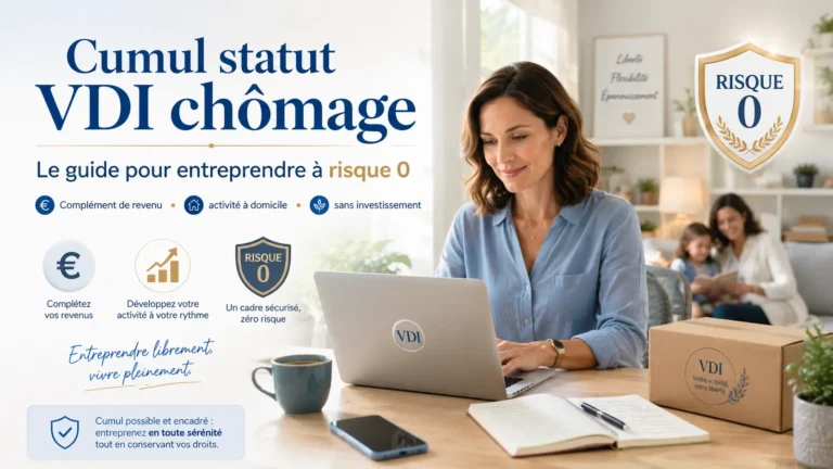 Cumul statut VDI chômage : une personne sereine signe un contrat de services VDI Mihi à côté de son ordinateur portable.